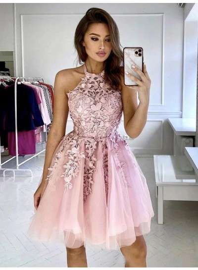 2023 A Line Pink Tulle With Appliques Knee Length Halter Short Homecoming Dresses