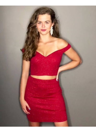 2023 Red Sheath Off Shoulder Sequence Short Two Pieces Homecoming Dresses