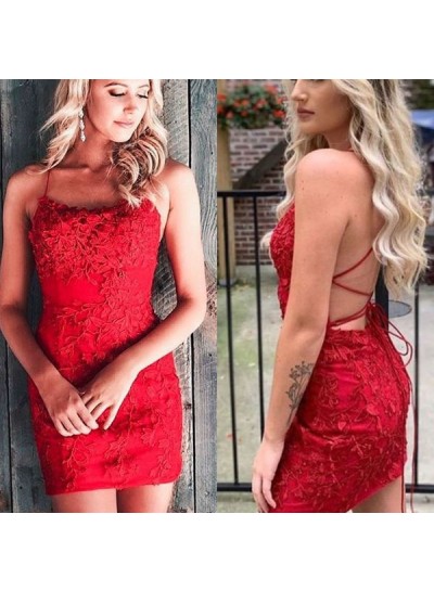 2023 Red Sheath Halter Criss Cross Knee Length Homecoming Dresses With Appliques