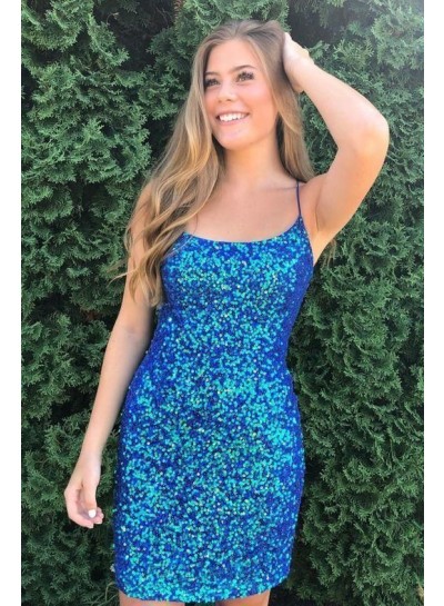 2023 Sheath Halter Royal Blue Knee Length Sequence Short Homecoming Dresses