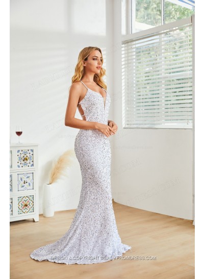 Sheath White Sweetheart Halter Open Back Long 2024 Prom Dresses