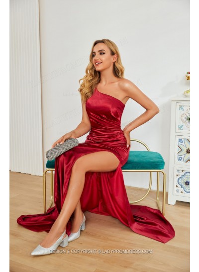 2024 One Shoulder Elastic Satin Burgundy Ruched Side Slit Long Prom Dresses 