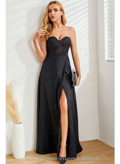 A Line Chiffon Black Sweetheart Prom Dresses With Appliques Side Slit 