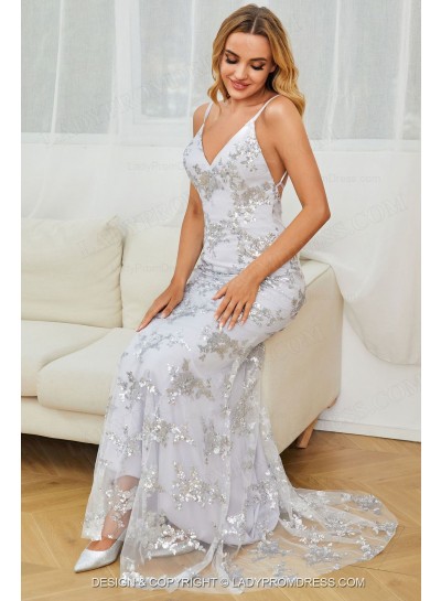 Sheath Silver V Neck Lace Up Back Sequence Long Prom Dresses 2024