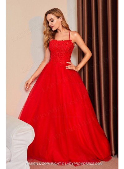 2024 A Line Halter Tulle Beaded Criss Cross Long Red Prom Dresses