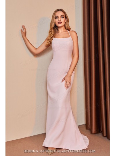 2024 Satin Halter Criss Cross Pearl Pink Backless Long Prom Dresses