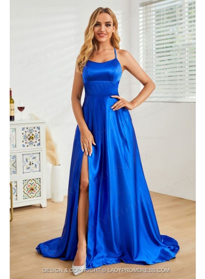 2024 Royal Blue Halter Cross Criss A-line Long Prom Dresses