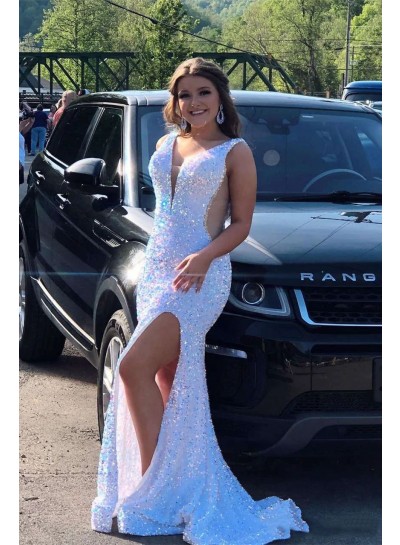 Sheath/Column Sequins V-neck Sleeveless Sweep/Brush Train Prom Dresses