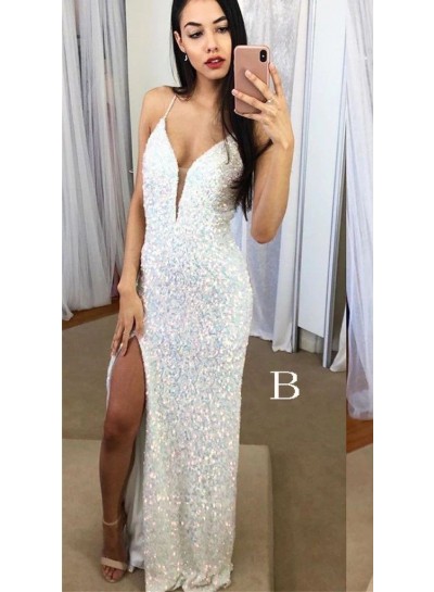 2023 Sheath/Column Sequins V-neck Sleeveless Floor-Length Prom Dresses