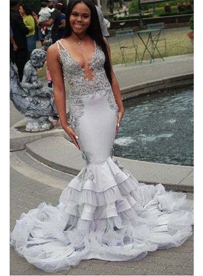 2023 Trumpet/Mermaid Elastic Woven Satin Appliques V-neck Sleeveless Sweep/Brush Train Prom Dresses