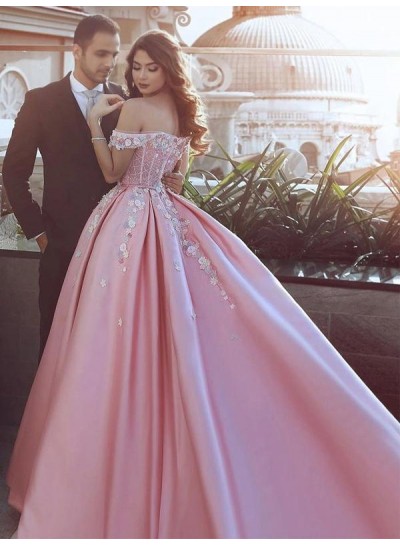 2023 Ball Gown Satin Off-the-Shoulder Sleeveless Sweep/Brush Train Prom Dresses 