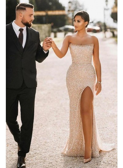 2023 Sheath/Column Sequins Strapless Sleeveless Sweep/Brush Train Prom Dresses