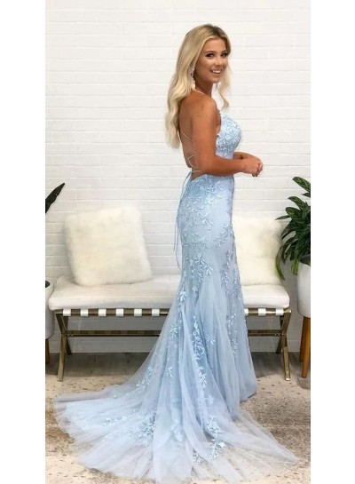 2023 Sheath/Column Tulle Appliques Spaghetti Straps Sleeveless Sweep/Brush Train Prom Dresses