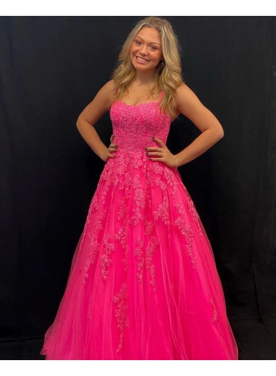 2023 A-Line Princess Tulle Appliques Square Neck Sleeveless Sweep/Brush Train Prom Dresses