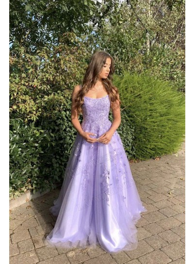 2023 A-Line Princess Appliques Tulle Spaghetti Straps Floor-Length Prom Dresses