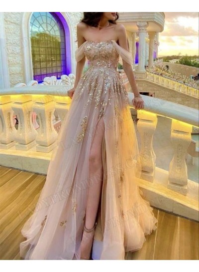 A-Line Princess Tulle Off the Shoulder Appliques Sweep/Brush Train Prom Dresses