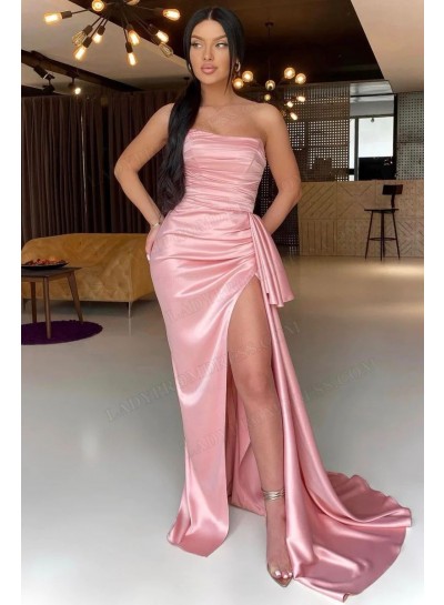 2023 Sheath/Column Silk Like Satin Strapless Sweep/Brush Train Prom Dresses