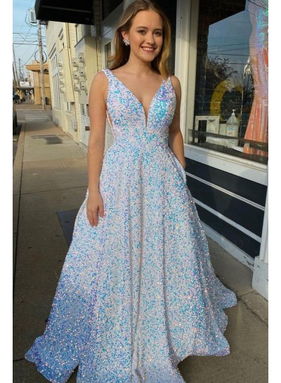 2023 A-Line Princess Sequins Sleeveless V-neck Sweep/Brush Train Prom Dresses