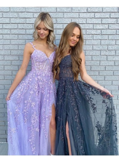 A-Line Tulle Spaghetti Straps Appliques Sweep/Brush Train Prom Dresses