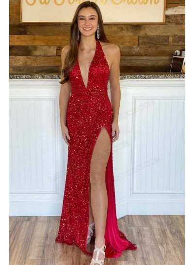 2023 Sheath/Column Sequins Halter Deep V-neck Floor-Length Prom Dresses