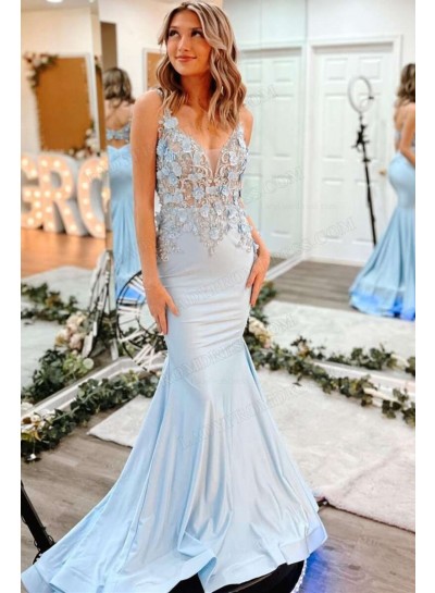 Sheath/Column Satin Spaghetti Straps Appliques Sweep/Brush Train 2023 Prom Dresses