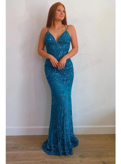 2023 Sheath/Column Lace Spaghetti Straps Sleeveless Floor-Length Prom Dresses