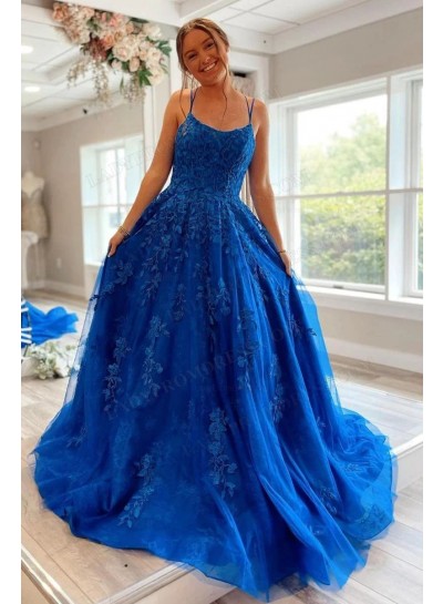 2023 A-Line Princess Tulle Appliques Spaghetti Straps Sweep/Brush Train Prom Dresses