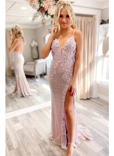 Sheath/Column Sequins V-neck Hand-Made Flowers Floor-Length Prom Dresses