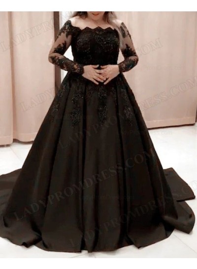 2023 A-Line Princess Satin Appliques Long Sleeves Sweep/Brush Train Prom Dresses
