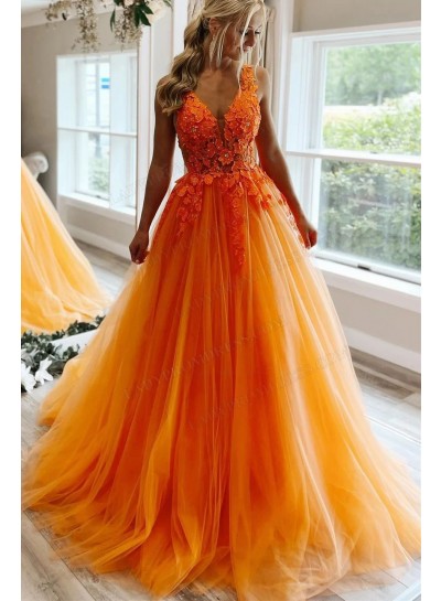 2023 A-Line Princess Tulle Appliques V-neck Sleeveless Sweep/Brush Train Prom Dresses