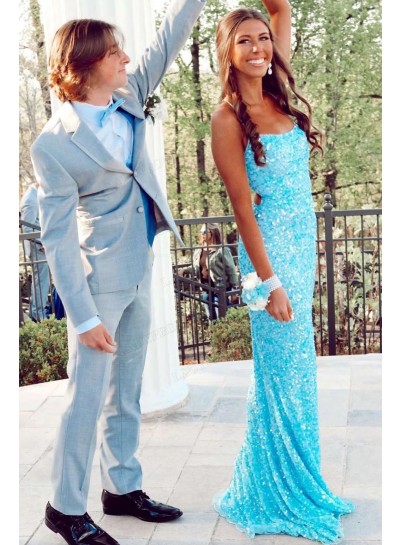 2023 Sheath/Column Sequins Spaghetti Straps Lace Up Floor-Length Prom Dresses