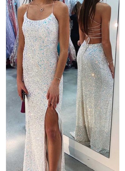 2023 Sheath/Column Sequins Spaghetti Straps Sleeveless Floor-Length Prom Dresses