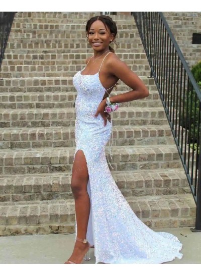 2023 Sheath/Column Sequins Spaghetti Straps Sleeveless Sweep/Brush Train Prom Dresses