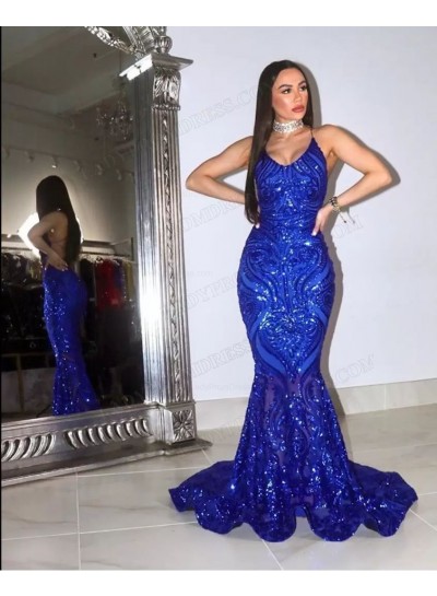 2023 Trumpet/Mermaid Sequins Spaghetti Straps Sweep/Brush Train Prom Dresses