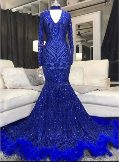 Mermaid Sequins V-neck Long Sleeves Sweep Train Prom Dresses