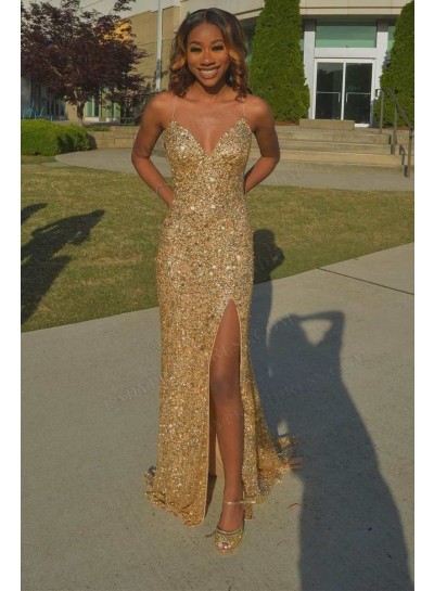 Sheath Sequins Spaghetti Straps Sleeveless Floor-Length Prom Dresses