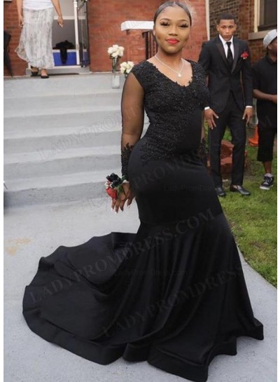2023 Sheath Satin Scoop Neck Long Sleeves Sweep Train Prom Dresses