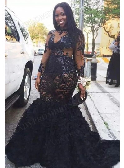 2023 Mermaid High Neck Long Sleeves Lace Sweep Train Prom Dresses
