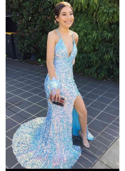 2023 Sheath Sequins V-neck Sleeveless Sweep Train Prom Dresses 