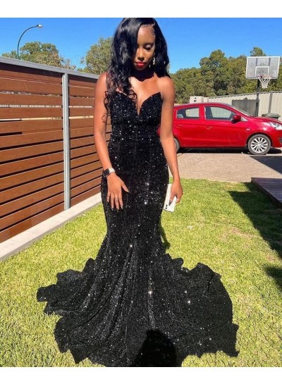 2023 Mermaid Sequins Sweetheart Sleeveless Sweep Train Prom Dresses