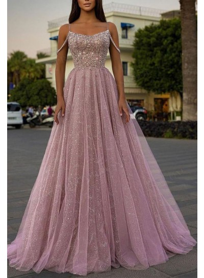 2023 Princess Sequins Off the Shoulder Beading Sweep Train Prom Dresses