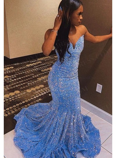2023 Sheath Sequins Sweetheart Sleeveless Sweep Train Prom Dresses