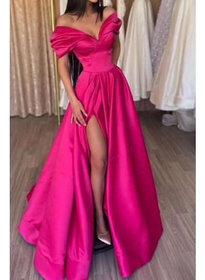 2023 A-Line Princess Silk Like Satin Off the Shoulder Sweep Train Prom Dresses