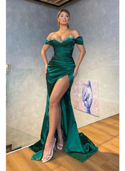 2023 Sheath Silk Like Satin Off the Shoulder Ruched  Sweep Train Prom Dresses