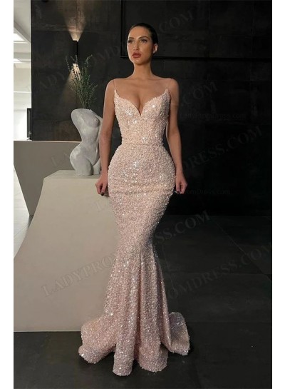 2023 Sheath Sequins Sweetheart Sleeveless Sweep Train Prom Dresses