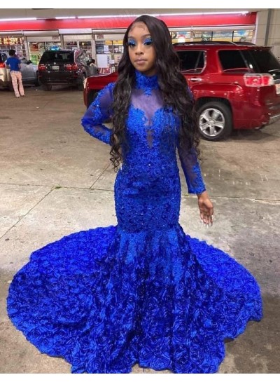2023 Mermaid Lace High Neck Long Sleeves Sweep Train Prom Dresses