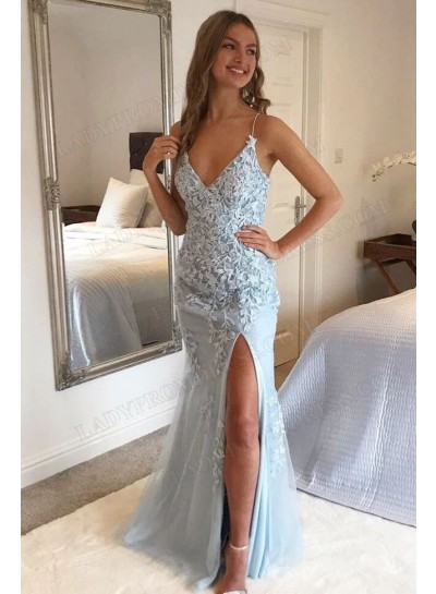 2023 Sheath Tulle Applique Spaghetti Straps Sleeveless Floor-Length Prom Dresses