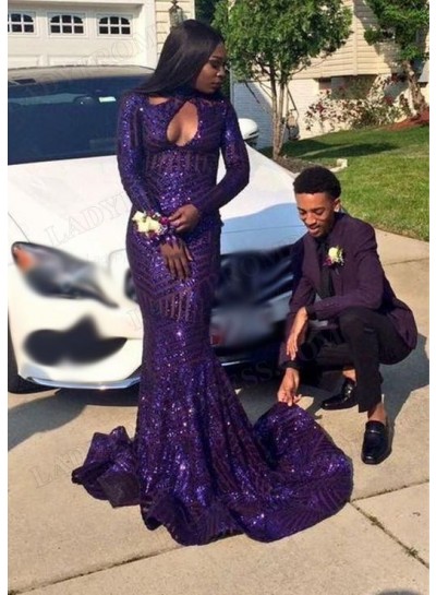 2023 Sheath Sequins High Neck Long Sleeves Ruched Sweep Train Prom Dresses