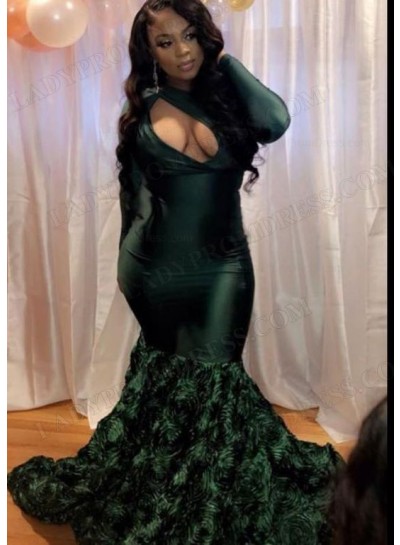 2023 Trumpet Satin Crew Neck Long Sleeves Sweep Train Prom Dresses