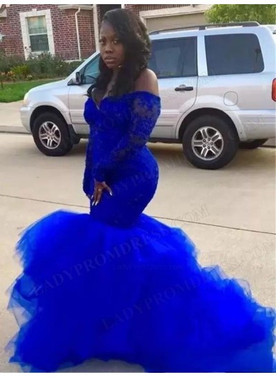 2023 Mermaid Lace Off the Shoulder Long Sleeves Sweep Train Prom Dresses